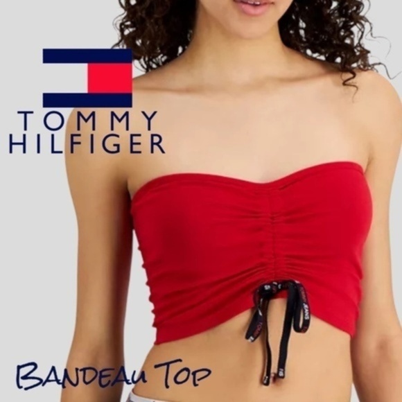 TOMMY HILFIGER Ruched Front w/Logo Tie Cropped Red Bandeau Top NWT/Lg - Picture 1 of 7